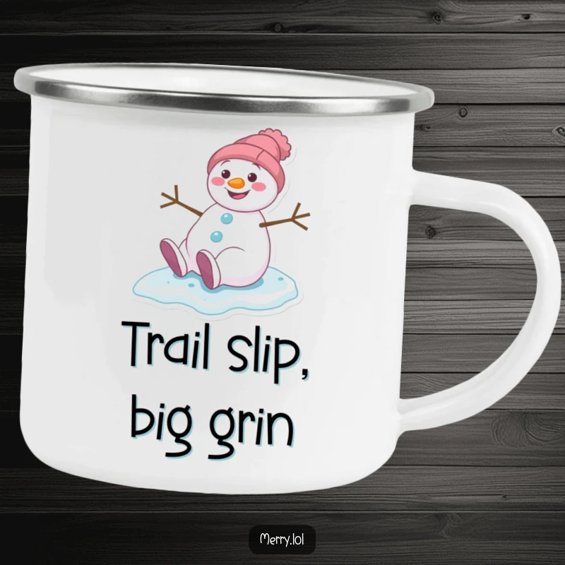 Funny camping mug showcasing a grinning snowman character slipping on ice, perfect for bringing humor to outdoor settings.