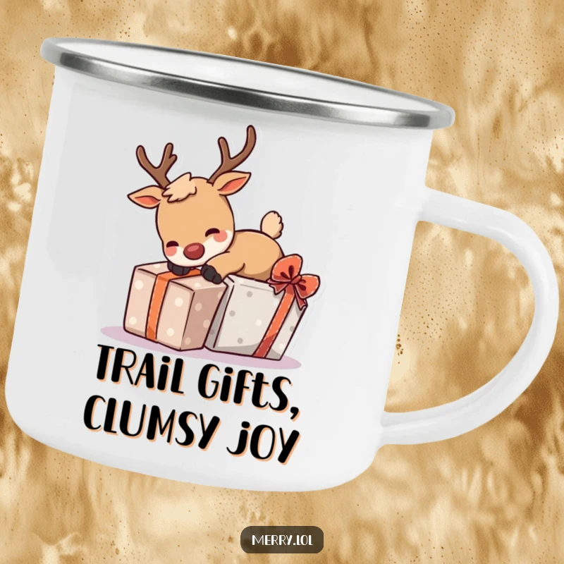 Funny camping mug showcasing a playful reindeer character tripping over a gift, perfect for bringing holiday humor outdoors.