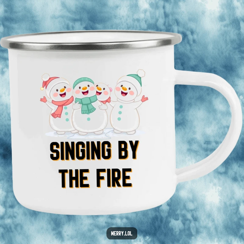 Funny cute snowmen holding hands and singing joyfully on a camping mug, for enjoying outdoor winter tunes.