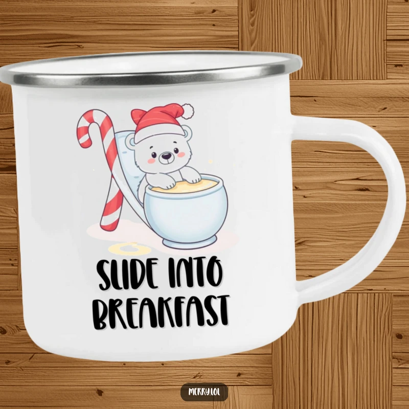 Funny camping mug showing a baby polar bear sliding down a candy cane into eggnog, ready for chilly adventures.
