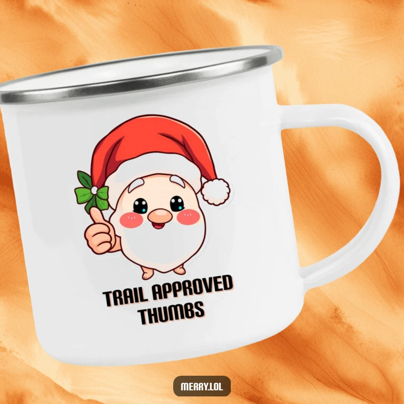 Funny camping mug featuring a Merry Santa hat giving a jolly thumbs up, for outdoor holiday cheer.