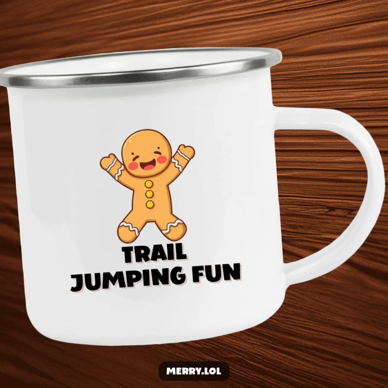 Funny Gingerbread Man Camping Mug, featuring a joyful leaping character, perfect for outdoor fun.