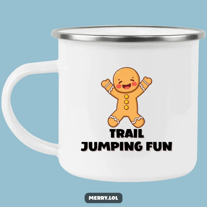 Funny Gingerbread Man Camping Mug, Joyful Leap Adventure, Outdoor Funny Gift