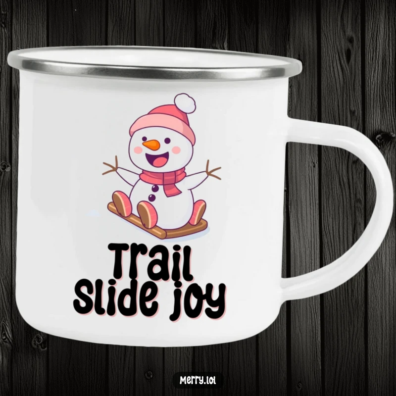 Funny Snowman Camping Mug with a smiling character sliding down a snowy hill, built for durability and enjoyment during outdoor winter activities. Great for camping.