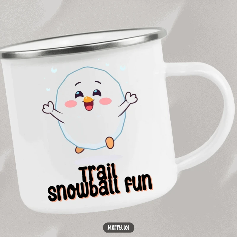 Funny Cheerful Snowball Camping Mug: A happy snowball character bouncing with glee. Durable and fun for outdoor winter activities. Gift.