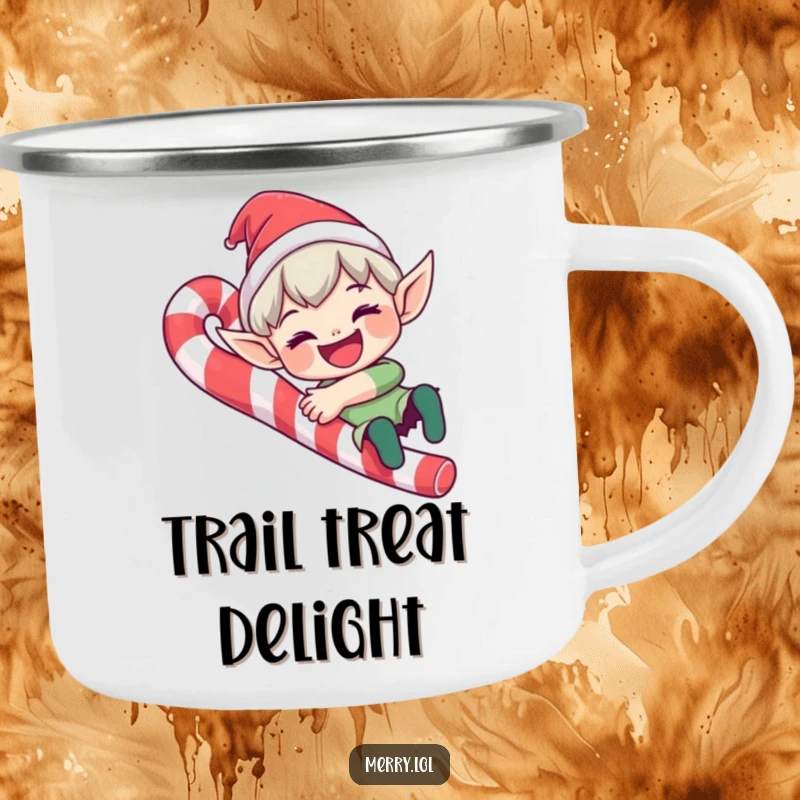 Funny elf character camping mug sliding down a candy cane with a wide grin, perfect for outdoor holiday humor.