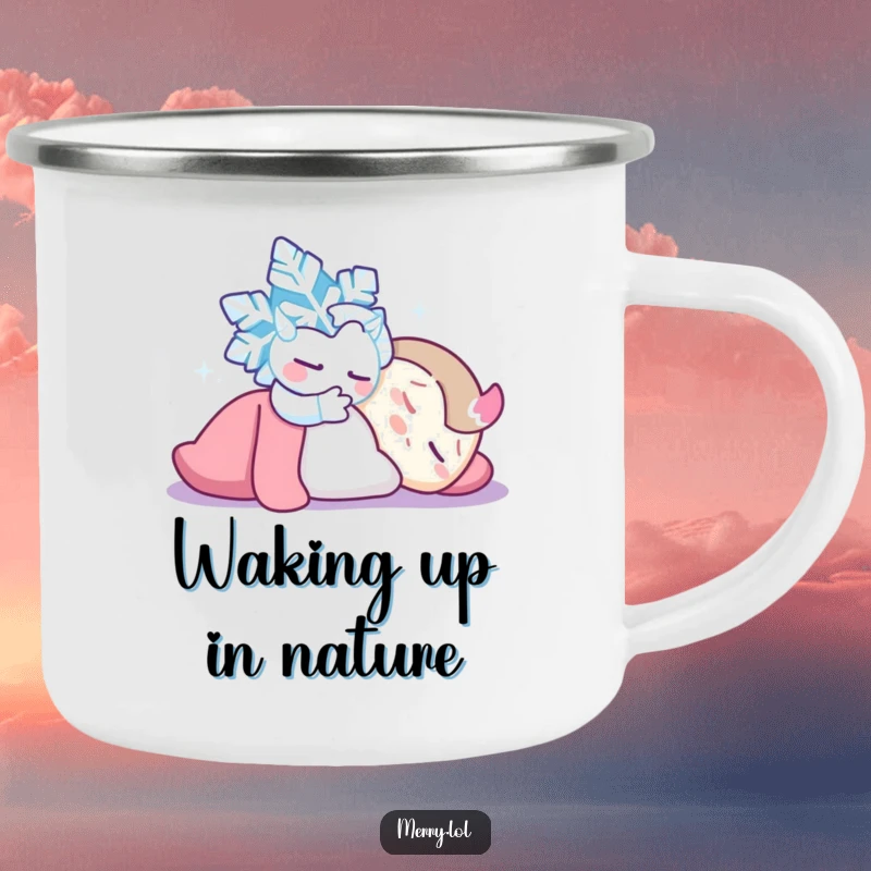 Funny Snowflake Tickle Camping Mug: A mischievous snowflake tickling a sleeping character. Durable and fun for any outdoor adventure. Gift.