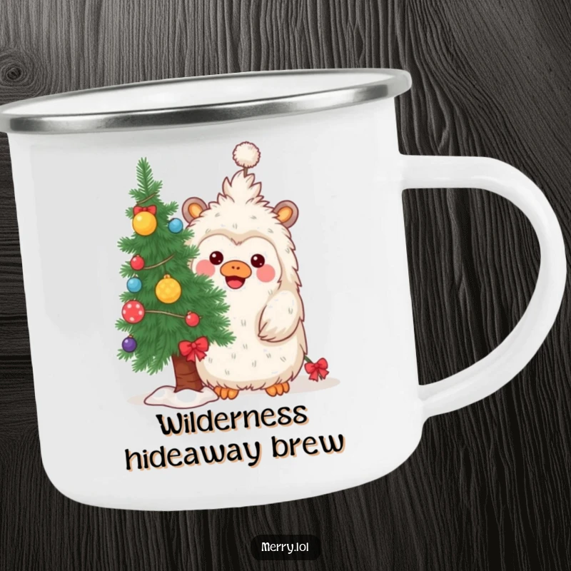 Funny camping mug featuring a playful yeti peeking from behind a Christmas tree, for outdoor holiday cheer.
