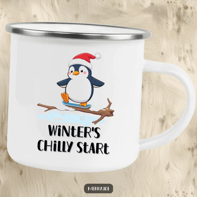 Funny camping mug with a penguin in a Santa hat awkwardly ice skating on a slippery branch, perfect for humorous outdoor enjoyment.