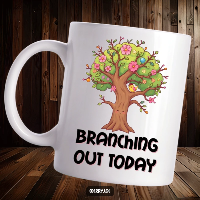 Funny Decorated Tree Mug, a festive character happily wiggling its colorful branches with holiday cheer.