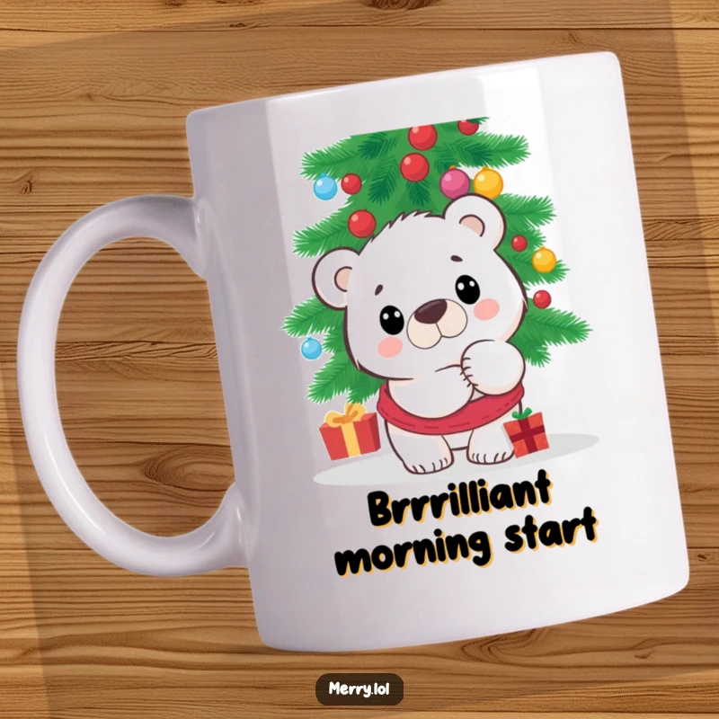 Funny Polar Bear Mug featuring a surprised character peeking from behind a Christmas tree, perfect for adding humor and holiday cheer.