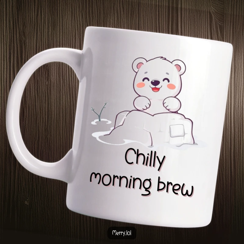 Funny mug depicting a cute polar bear character energetically building a snow fort, showcasing winter fun and a happy, industrious spirit.