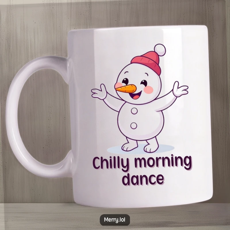 Funny snowman character mug performing a clumsy jig, with a carrot nose, conveying winter fun, a perfect funny gift.