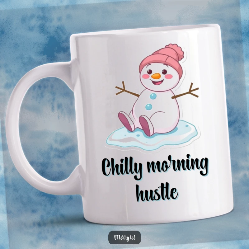 Funny mug shows a happy snowman character gleefully slipping and sliding on a patch of ice with a wide grin.