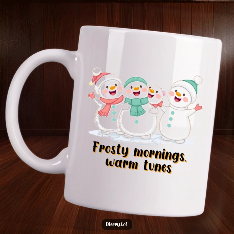Funny cute snowmen holding hands and singing joyfully together on a mug, radiating winter cheer.