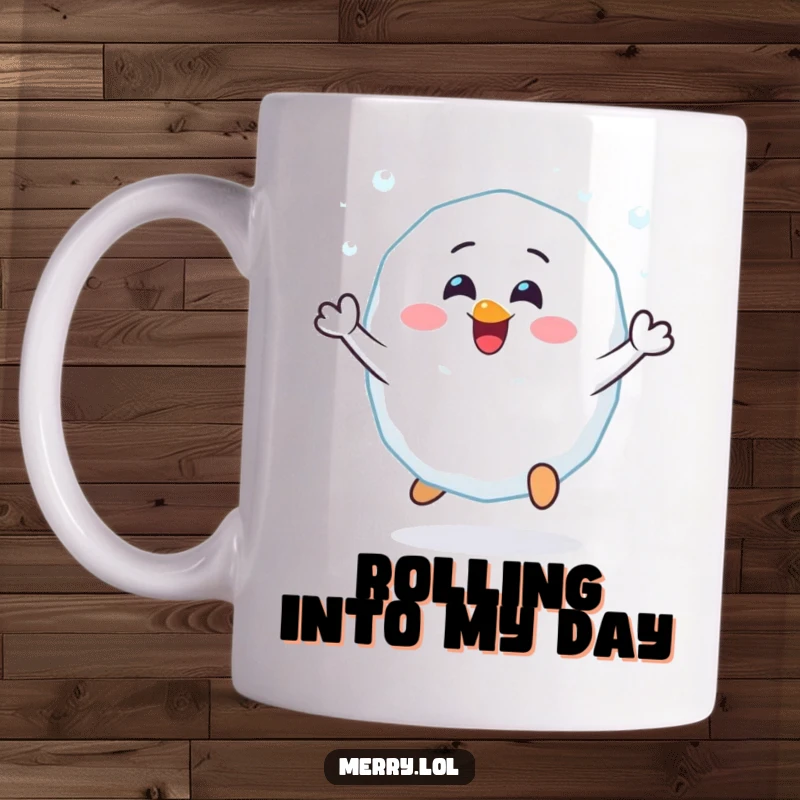 Funny Cheerful Snowball Mug: A happy snowball character bouncing with glee. Perfect for winter cheer and a smile.