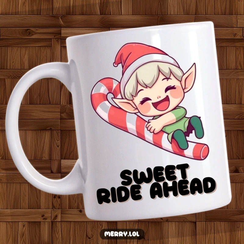 Funny elf character mug sliding down a candy cane with a wide grin, conveying holiday joy, a perfect funny gift.