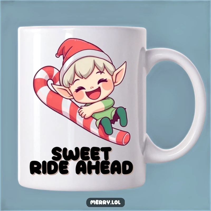 Funny Elf Candy Cane Mug: Joyful Sliding Design, Perfect Funny Gift for Holiday Cheer Lovers
