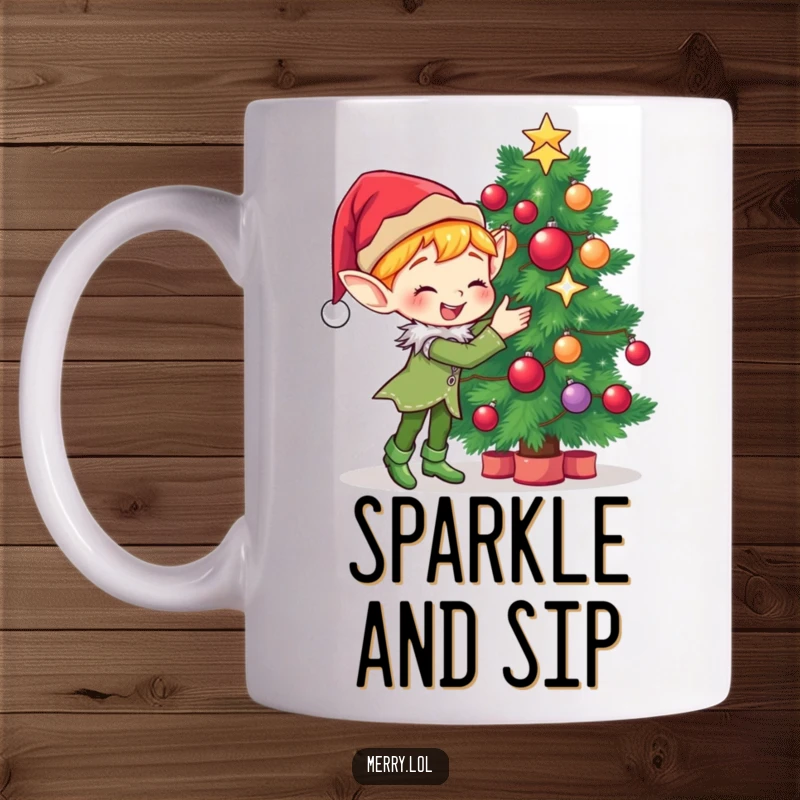 Funny Mug featuring a cute elf character gleefully decorating a Christmas tree with sparkling ornaments and festive cheer.