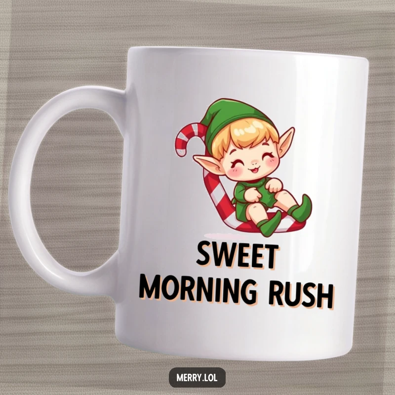 Funny mug featuring a cute elf character joyfully sliding down a giant candy cane with a happy, excited expression.