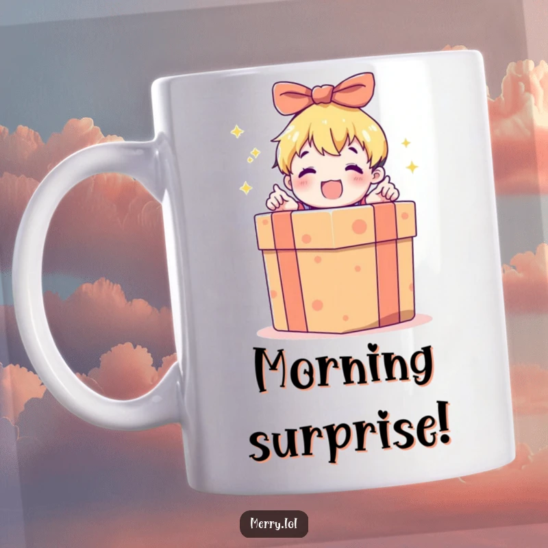 Funny mug depicting a child character with pure excitement opening a large, brightly wrapped gift box, symbolizing joy and anticipation.