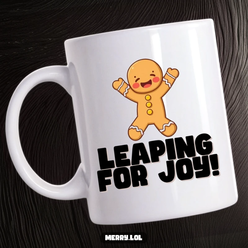 Funny Gingerbread Man Mug, a joyful character mid-leap, celebrating the holidays with pure, unadulterated glee.