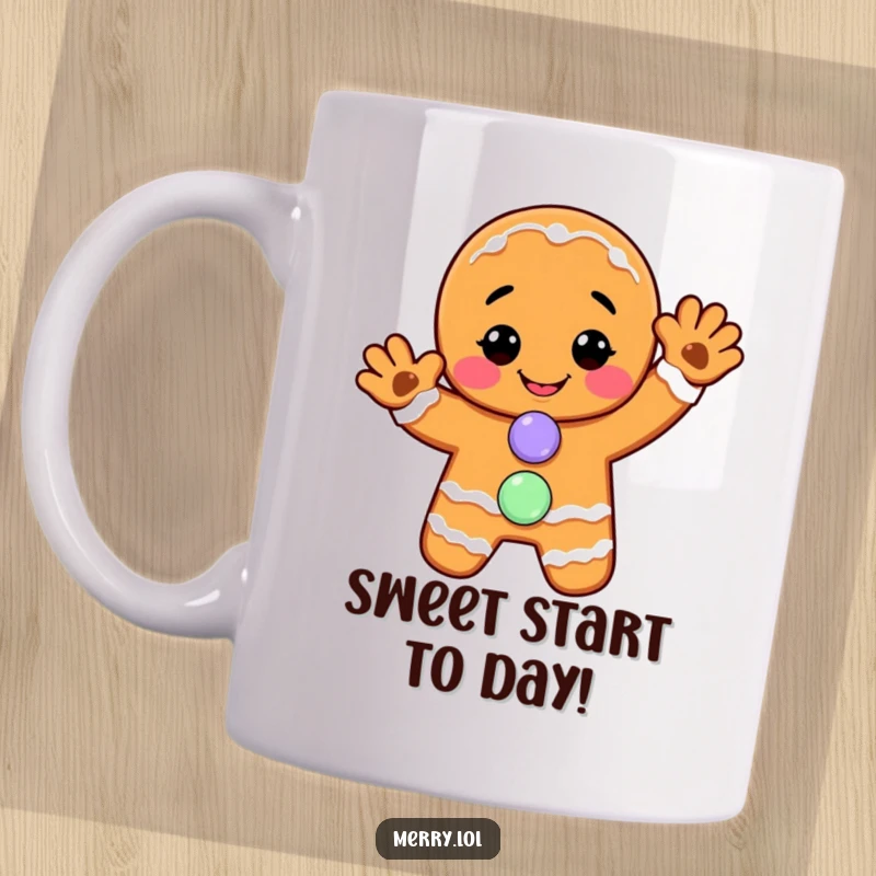 Funny mug: A smiling gingerbread man cheerfully waves, showing off his candy button smile, embodying holiday sweetness.
