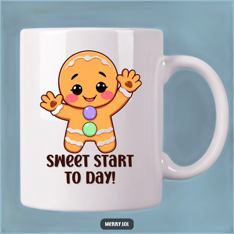 Funny Gingerbread Man Mug: Cheerful Wave, Candy Button Smile, Perfect Sweet Funny Gift!