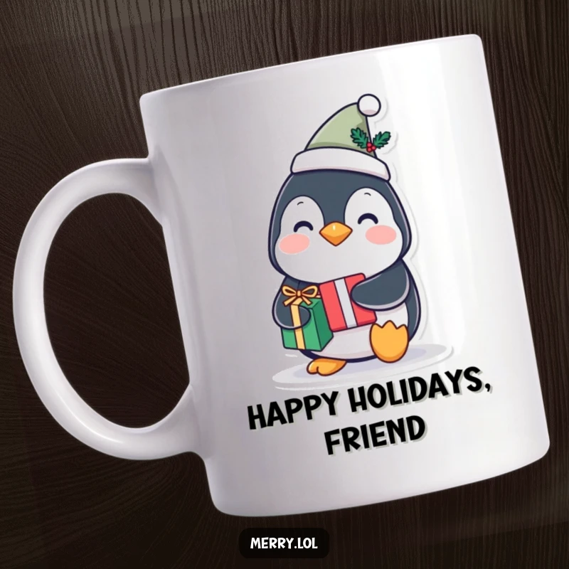 Funny penguin character mug wearing a tiny festive hat and holding a gift, conveying holiday joy, a perfect funny gift.