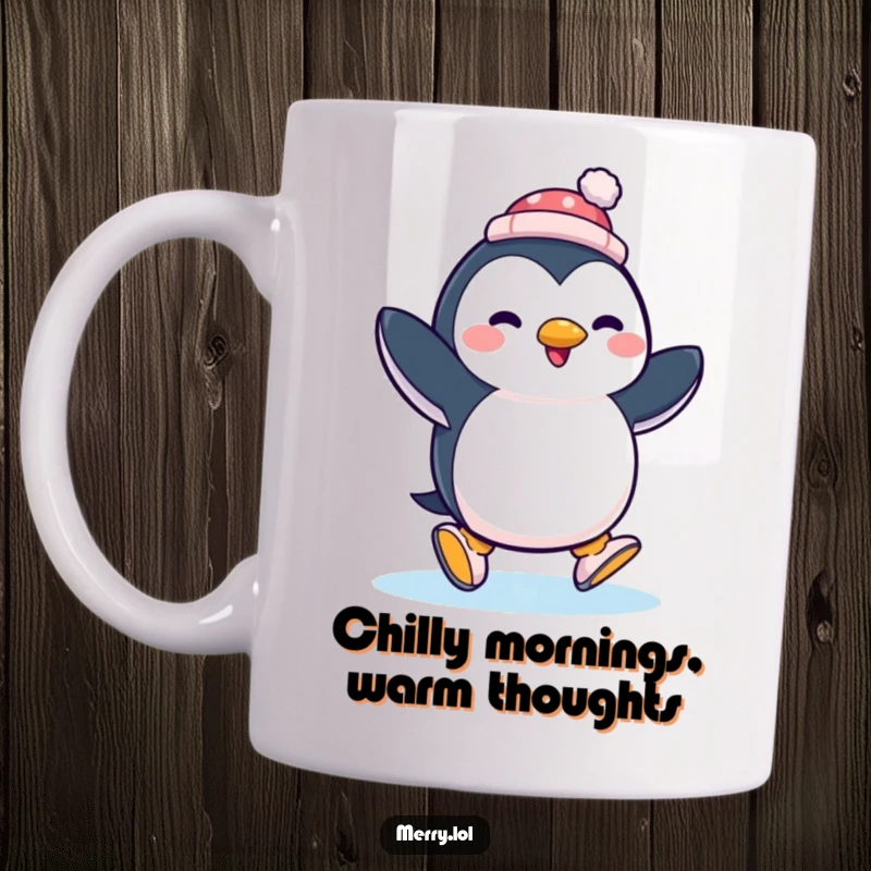 Funny penguin ice skating with a tiny hat, looking joyful and skilled on the ice, perfect for a humorous gift.