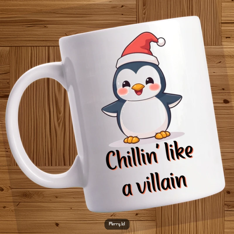 Funny Penguin Santa Hat Mug: A delighted penguin character in a tiny Santa hat, spreading Christmas joy. Perfect holiday gift.
