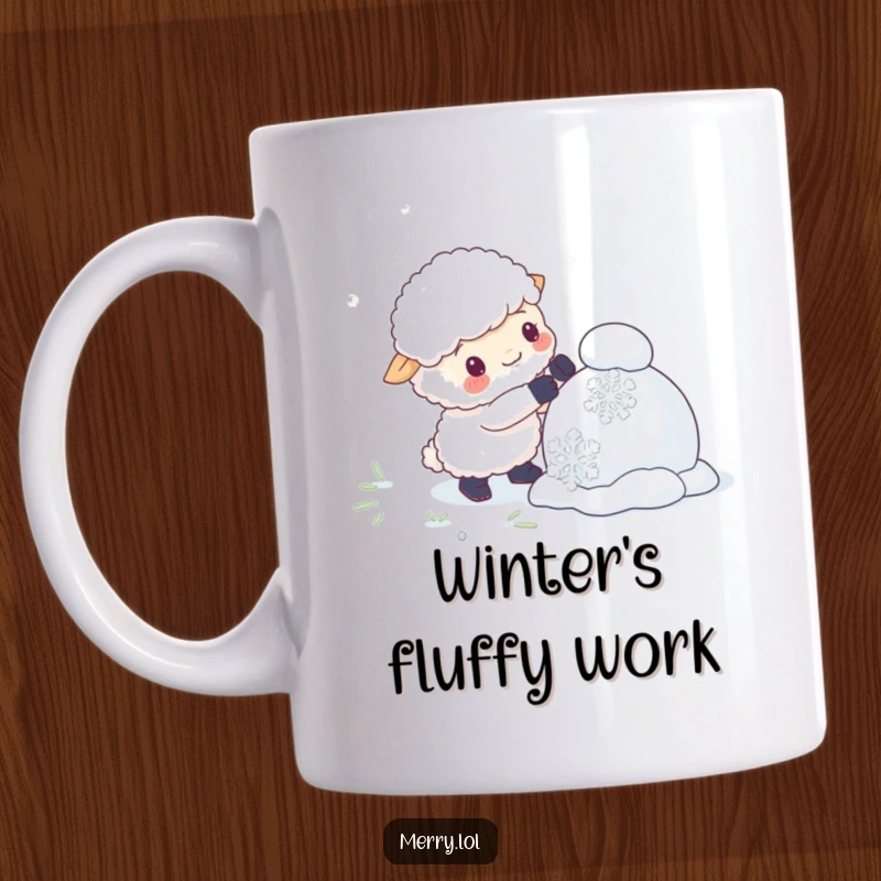 Funny mug featuring a fluffy sheep character struggling humorously to build a snowman with comically giant snowflakes, capturing winter fun.