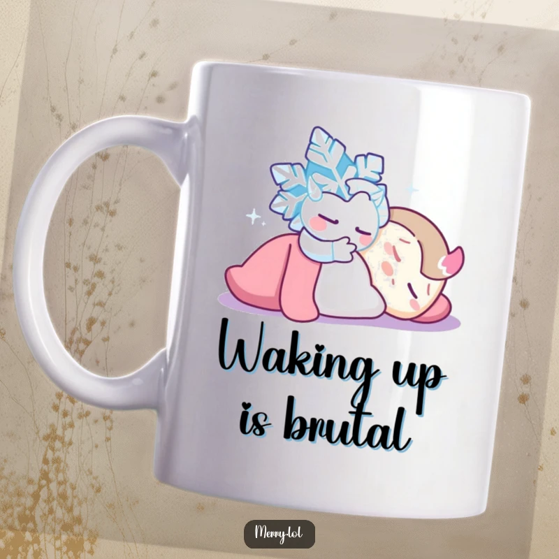 Funny Snowflake Tickle Mug: A mischievous snowflake character playfully tickling a sleeping character. Humorous morning wake-up gift.