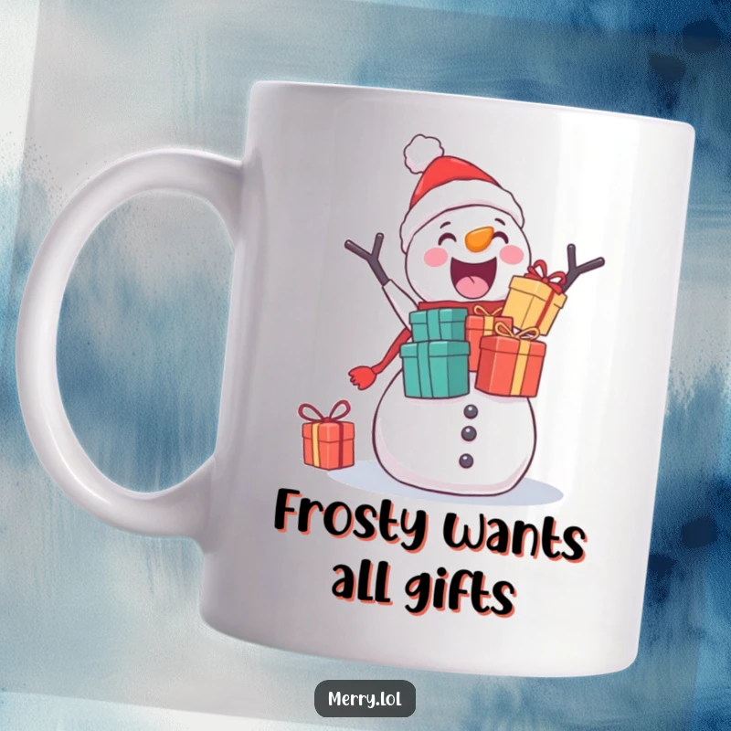 Funny mug featuring an excited snowman precariously stacking a wobbly tower of colorful Christmas gifts, embodying holiday chaos.