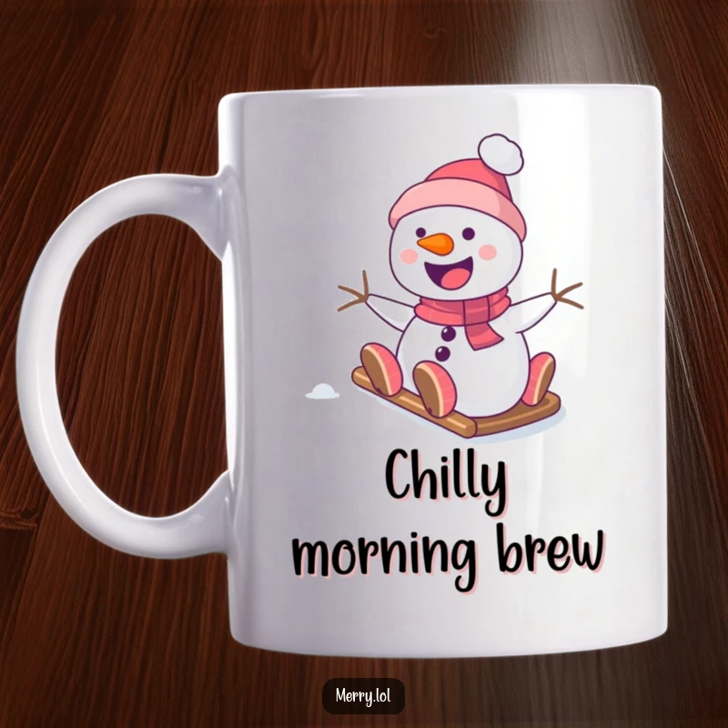 Funny Snowman Mug featuring a happy character sliding down a snowy hill, perfect for winter enthusiasts and adding a cheerful touch to your day.