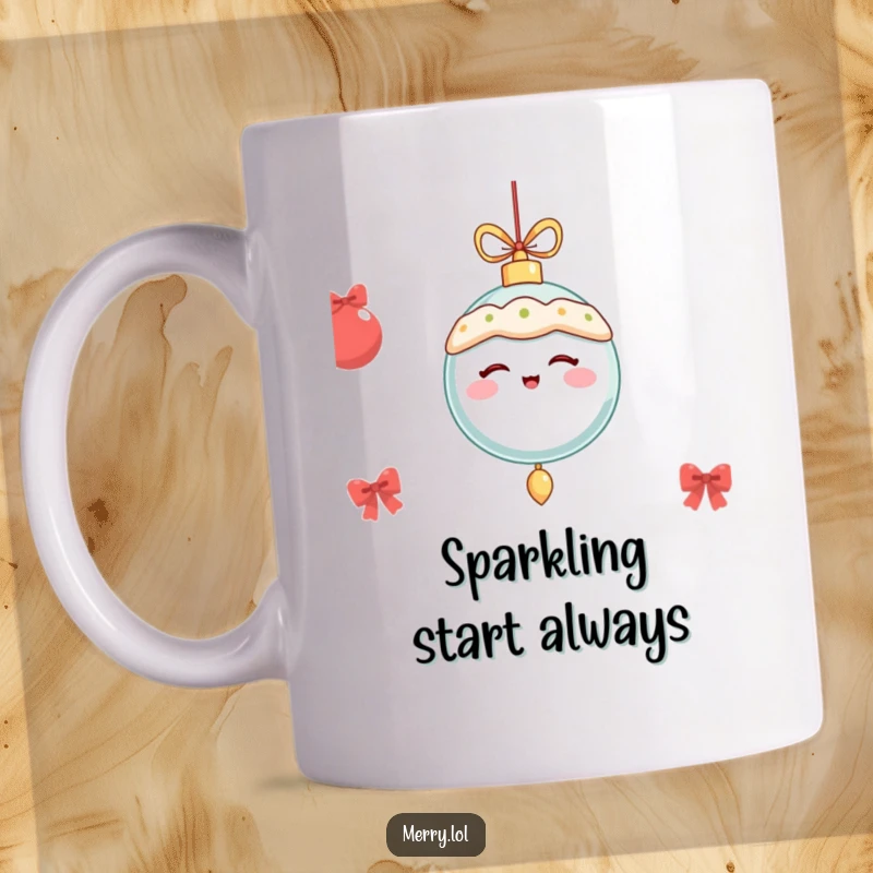 Funny festive ornament character winking and dangling merrily, captured on a mug for holiday cheer.