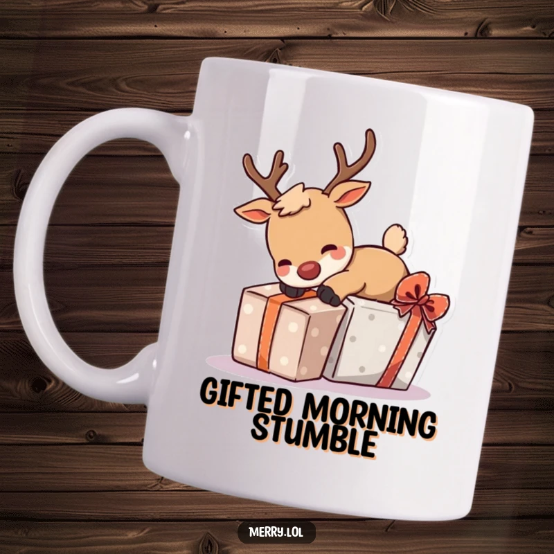 Funny mug showing a cute reindeer character playfully tripping over a brightly wrapped gift with a surprised yet cheerful look.
