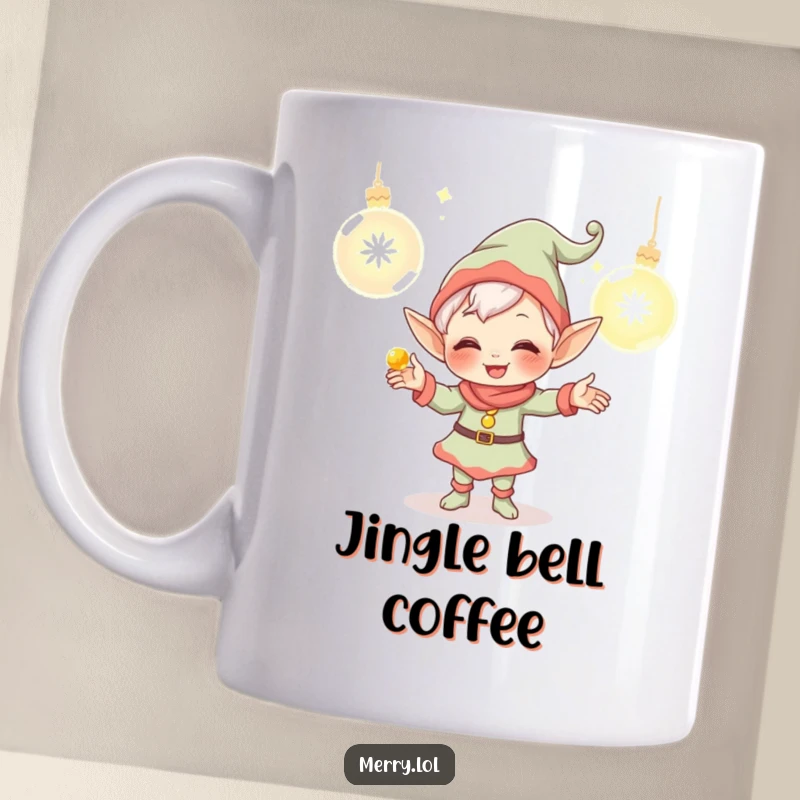 Funny Elf Mug featuring a giggling character joyfully juggling glowing ornaments, perfect for spreading holiday cheer and festive fun.