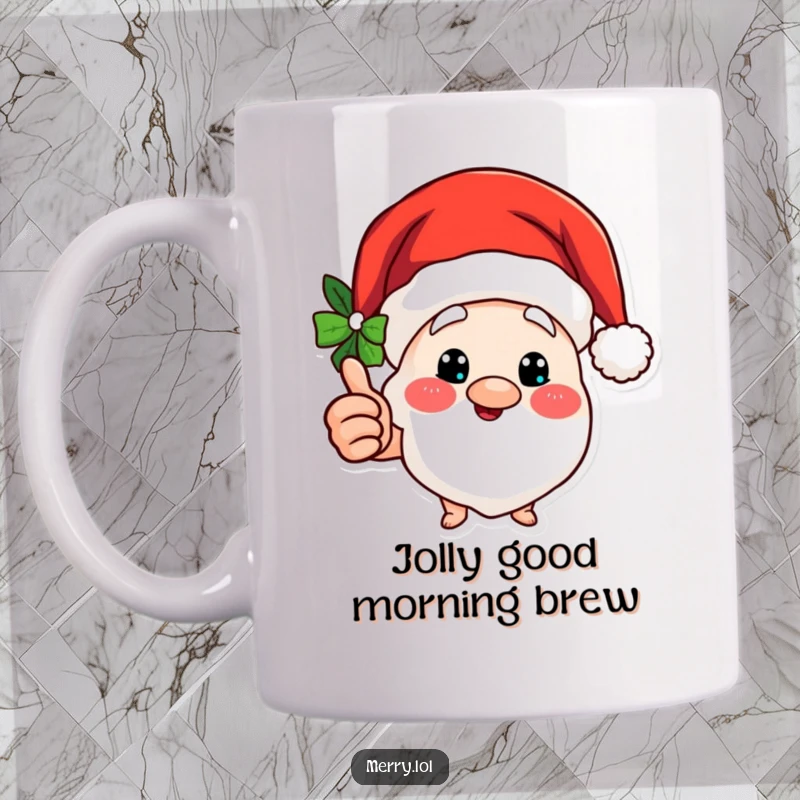 Funny mug featuring a Merry Santa hat character giving a jolly thumbs up gesture, embodying holiday approval.