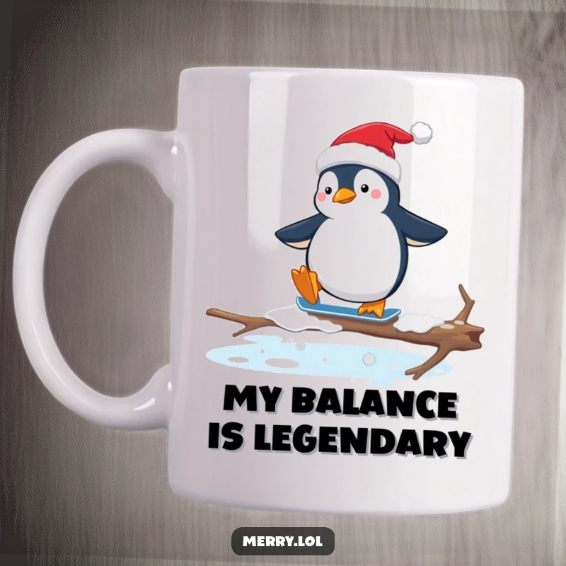 Funny mug featuring a penguin in a Santa hat awkwardly ice skating on a slippery branch, conveying holiday chaos and humor.