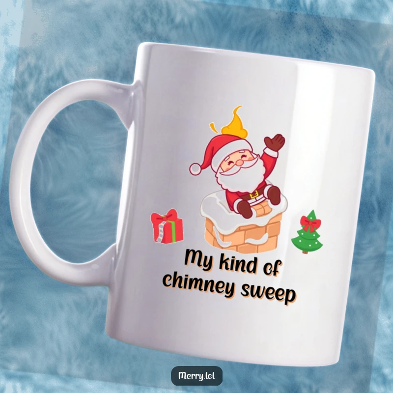 Funny Santa mug showing Santa joyfully sliding down a chimney with a merry wink, perfect for Christmas gifting.
