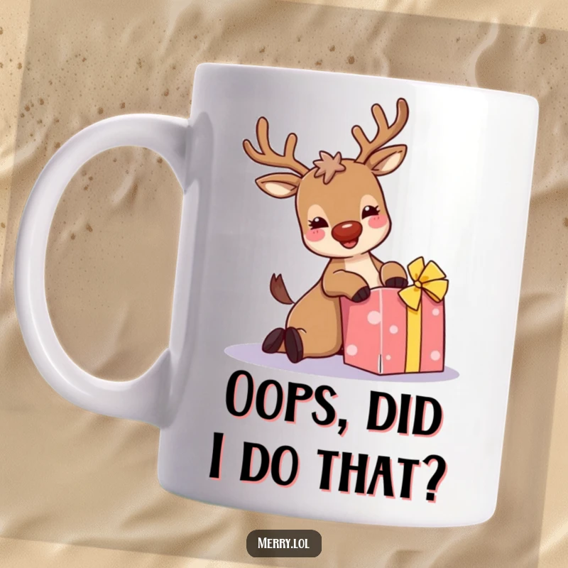 Funny mug: A giggling reindeer with sparkly antlers trips hilariously over a Christmas present, showcasing holiday clumsiness and festive cheer.