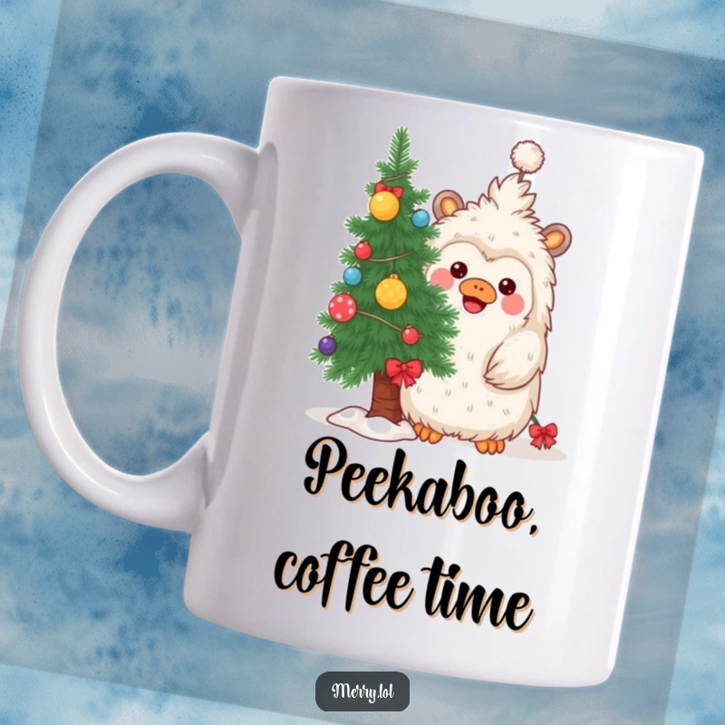 Funny mug featuring a playful yeti peeking from behind a decorated Christmas tree, embodying holiday mischief.