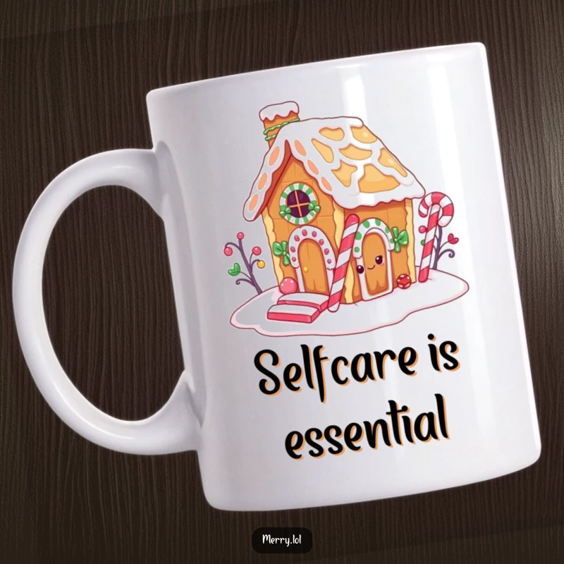 Funny mug showing a cute gingerbread house character sneaking a bite from its own candy cane chimney, full of sweet mischief.