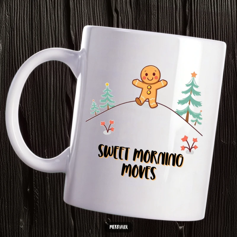 Funny gingerbread man mug showing a happy character doing a jig on a snowy hill, perfect for holiday gifting.
