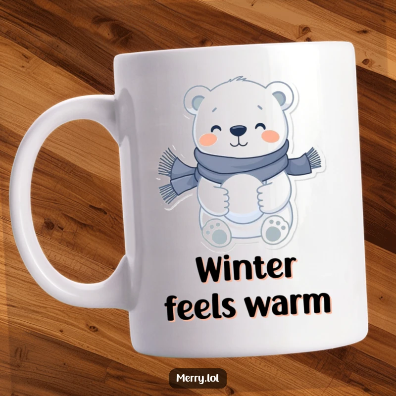 Funny polar bear mug featuring a happy character in a scarf holding a snowball, ready for winter fun and warmth.