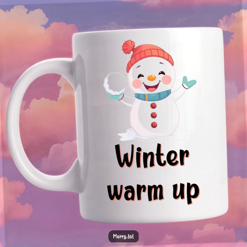Funny Mug featuring a playful snowman character in a joyful, mid-action snowball fight pose, ready to throw.
