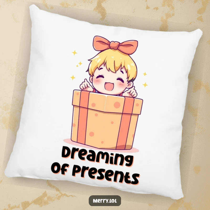 Funny pillow featuring an excited child character opening a large gift box, offering a soft and humorous companion for cozy moments.