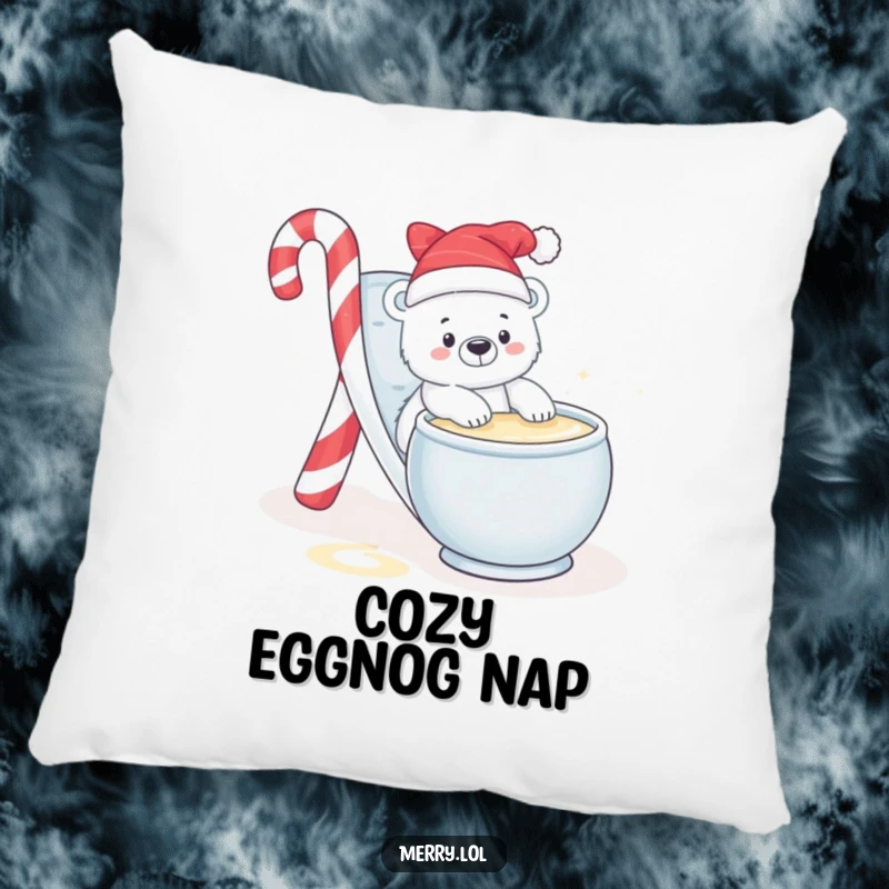 Funny pillow showcasing a baby polar bear playfully sliding into a bowl of eggnog, perfect for cozy winter decor.