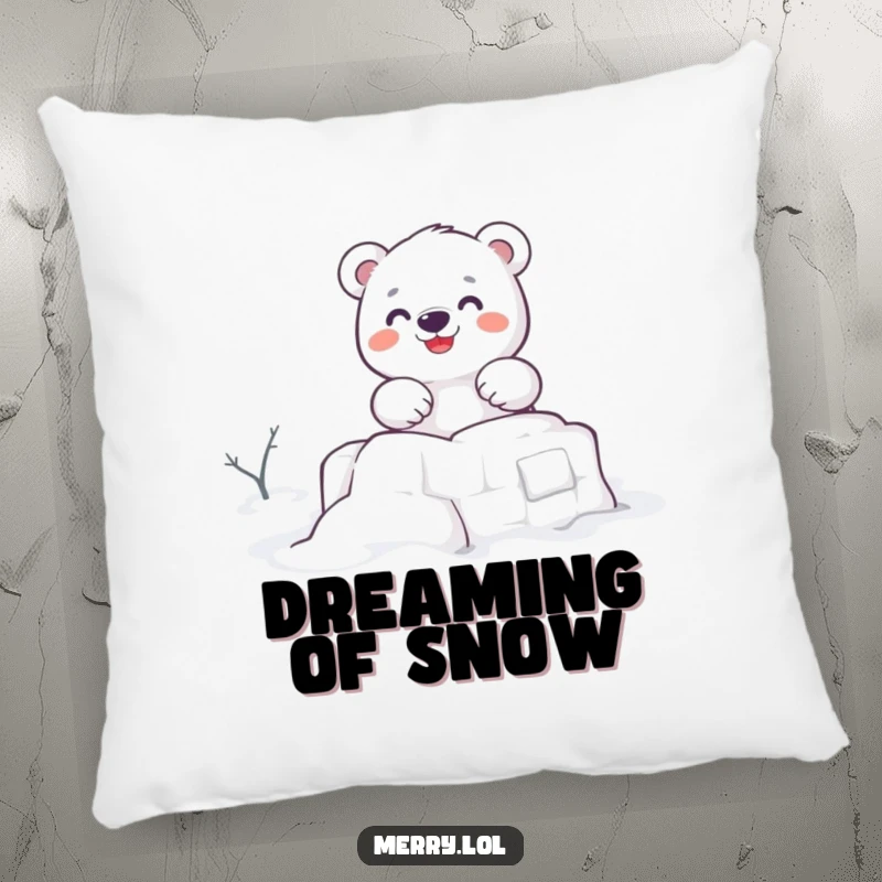 Funny pillow featuring a cute polar bear character building a snow fort, offering a soft and humorous companion for cozy winter nights.